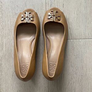TORY BURCH Women's 7.5M Brown Leather Peep Toe Wedge Heel Shoes